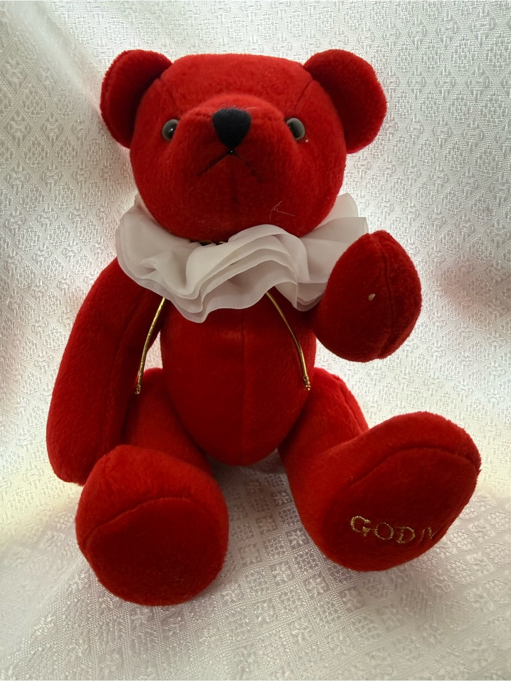 Diva Red Plush Bear with White Ruffle Collar and Gold Foot Accent
